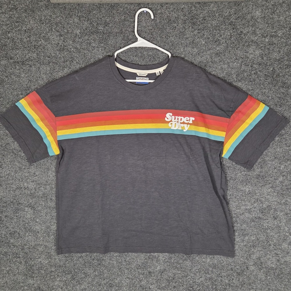 Superdry Mens Graphic T Shirt Size 12 Grey Rainbow Stripe Retro Surf Skate Y2K